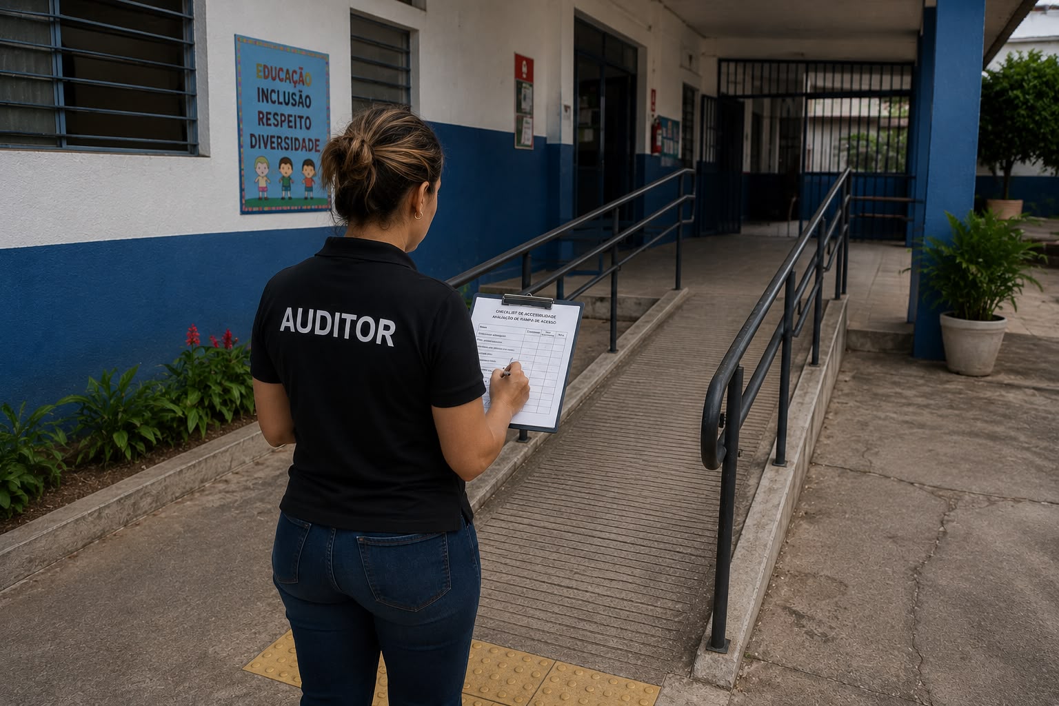 Profissional realizando auditoria de segurança em uma escola